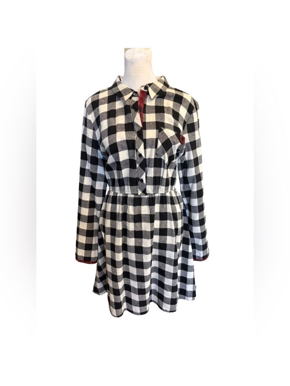 Hem & Thread Size L cotton buffalo check shirtwaist dress contrast trim